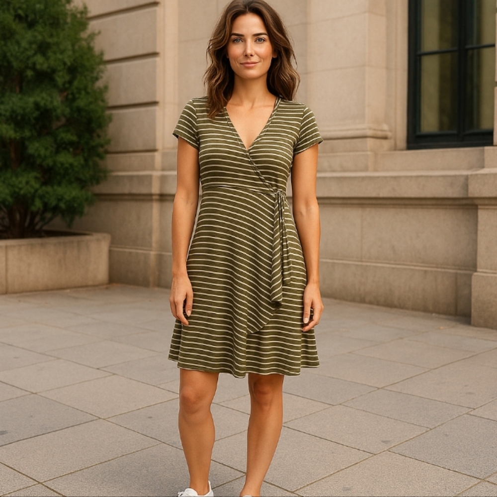 024 Buffalo David Bitton Brownstripe Dress SzSm Stretch Knit Faux wrap P2p17×L38